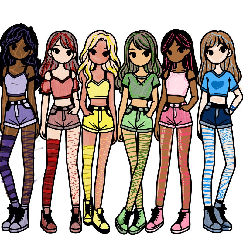 a group of girls wearing crop tops and shorts