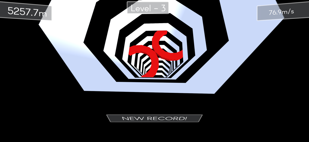 Tunnel Rush ! - A high speed first person view of a black and white hexagonal tunnel with a red obstacle and a new record notification in Tunnel Rush.