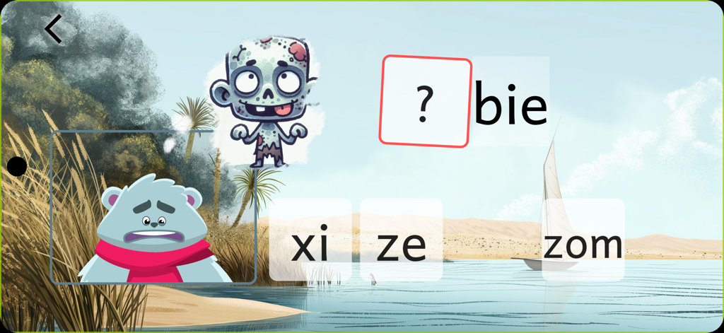 Jeu de lecture français pour enfants montrant un exercice de complétion de syllabes pour le mot zombie.