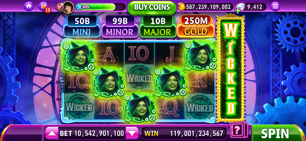 Jugabilidad de Hit it Rich Casino Slots con la máquina tragamonedas temática Wicked y una gran ganancia de monedas.