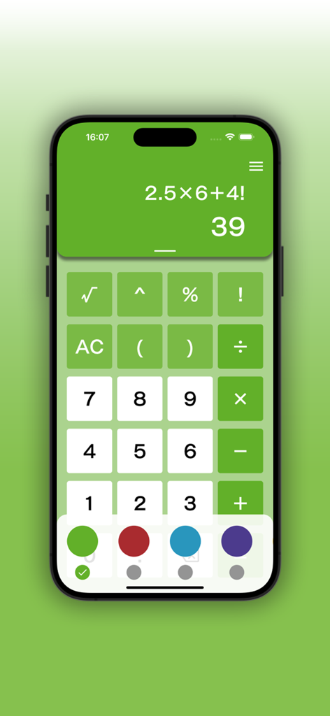 Simple Calculator for iOS - Una interfaz de usuario verde limpia de la aplicación Calculadora Simple para iOS que muestra un cálculo básico.