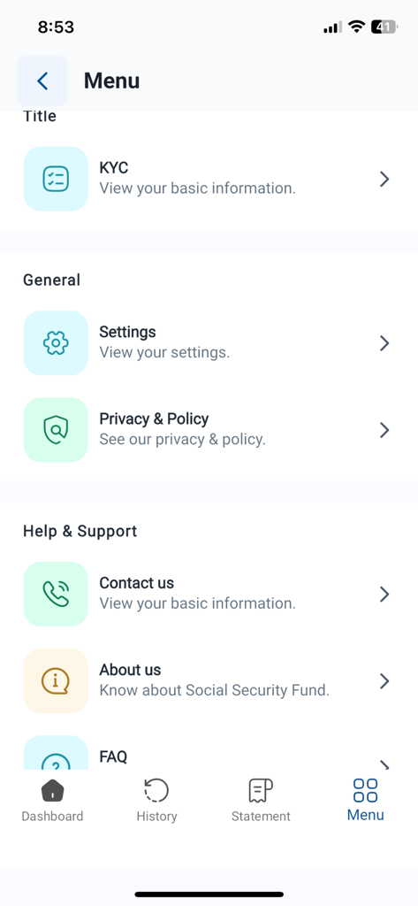 SSF - Nepal - Menu screen of the SSF Nepal app displaying options for KYC, settings, privacy policy, and support services.