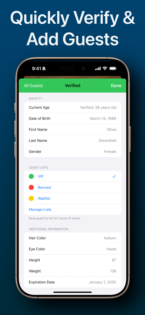 Check ID Scanner app screen showing verified guest identity and list options