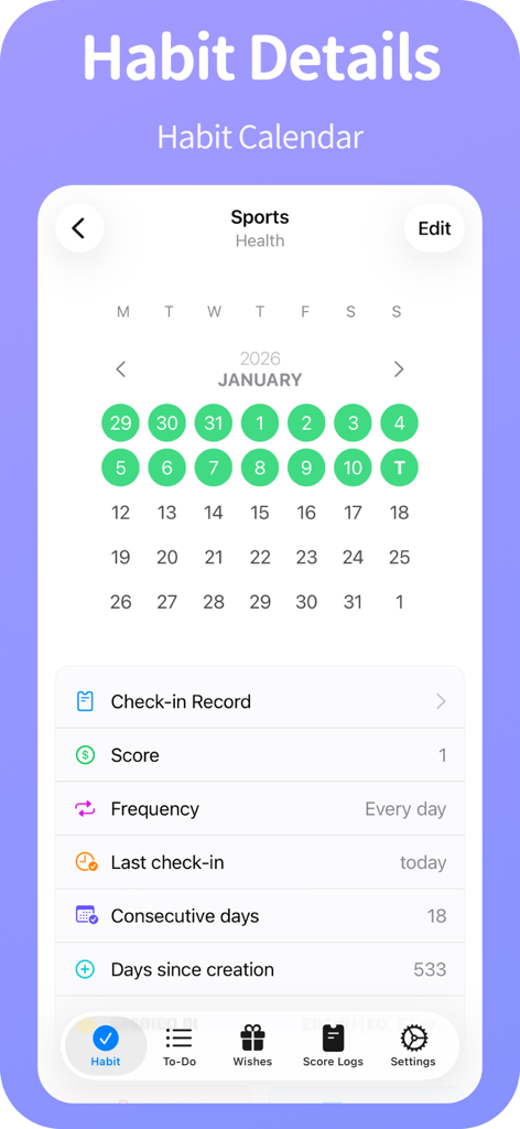 BetterWe - Habit Todo Wish - BetterWe app screen displaying a habit calendar for sports tracking with a daily check-in streak
