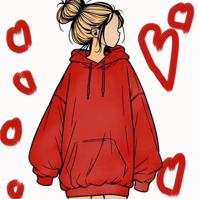 realistic girl with a oversized sweatshirt on and a bun