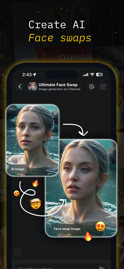 Interfaz de una aplicación móvil que demuestra una función de face swap de IA con retratos realistas.