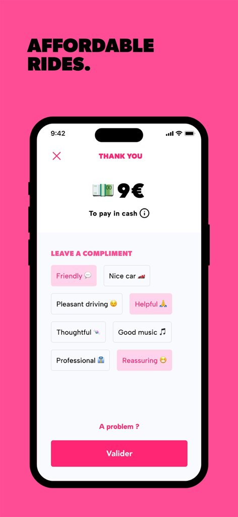 Heetch app interface showing a 9 Euro ride total for cash payment and feedback options like friendly and nice car