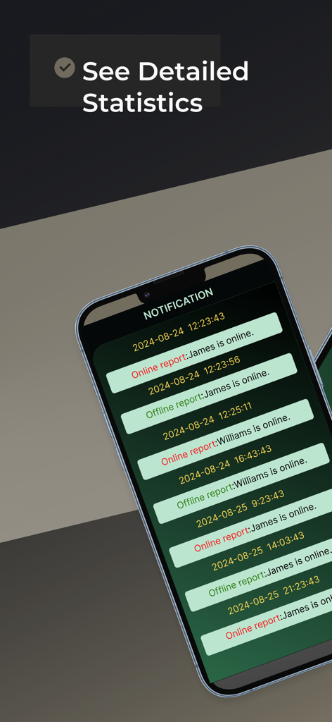 Lastseen Tracker for WA - A smartphone displaying a list of WhatsApp online and offline status notifications with timestamps.