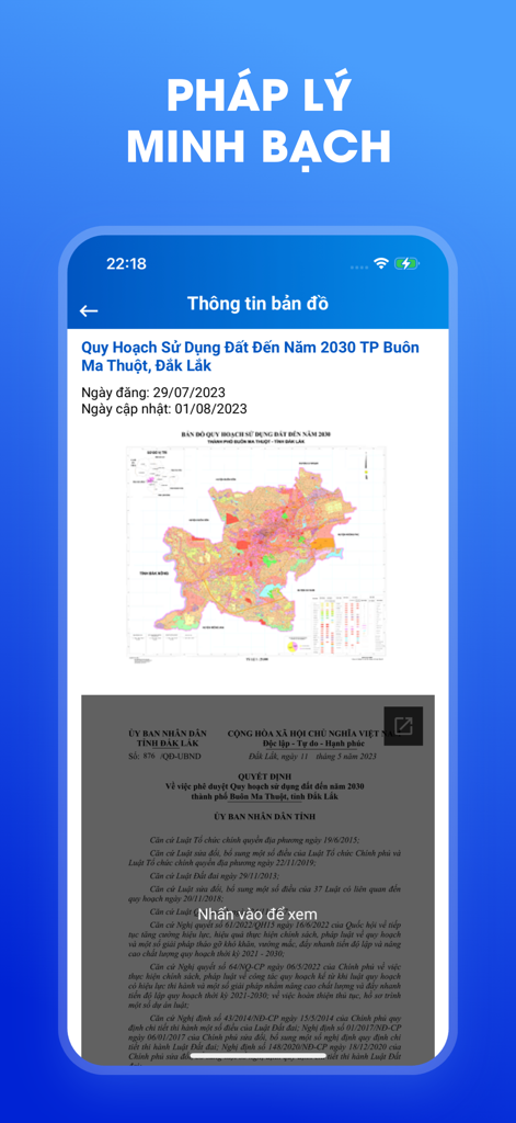 Vietnamese real estate app showing a land use planning map and official legal document for Dak Lak province.