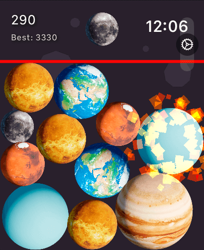 Merge Sun Master for watch - Gameplay of Merge Sun Master on Apple Watch showing planets being combined in space