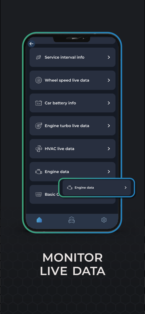 Carista OBD2 - Carista OBD2 app showing live data monitoring options for engine turbo and battery info