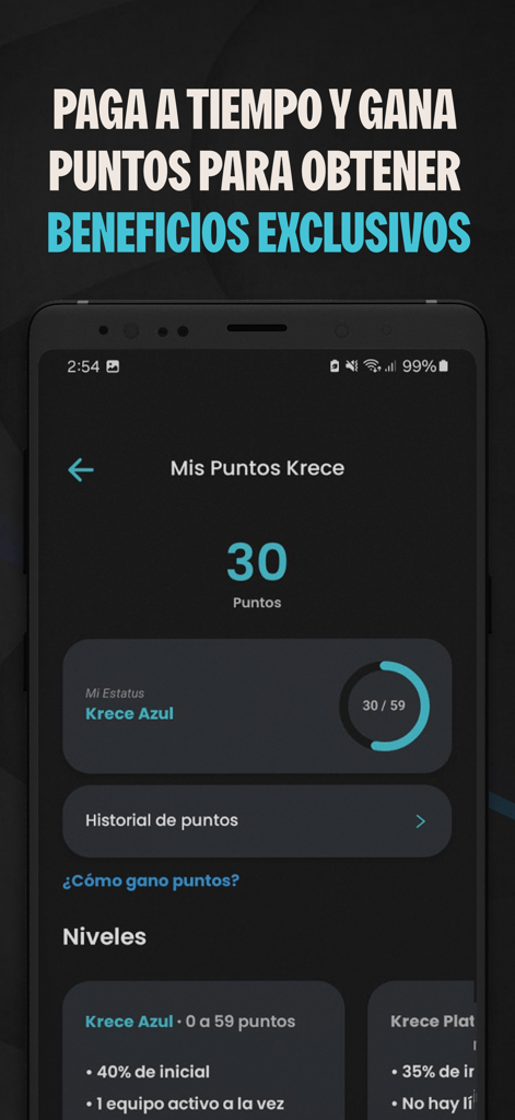 Krece - Krece App-Bildschirm, der Treuepunkte und Benutzerstatus-Level anzeigt