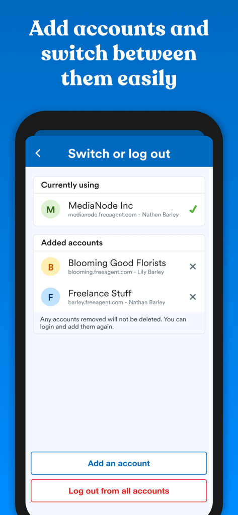 FreeAgent Mobile Accounting - 複数のビジネスアカウントの追加と切り替えを行うFreeAgentモバイルアプリのインターフェイス