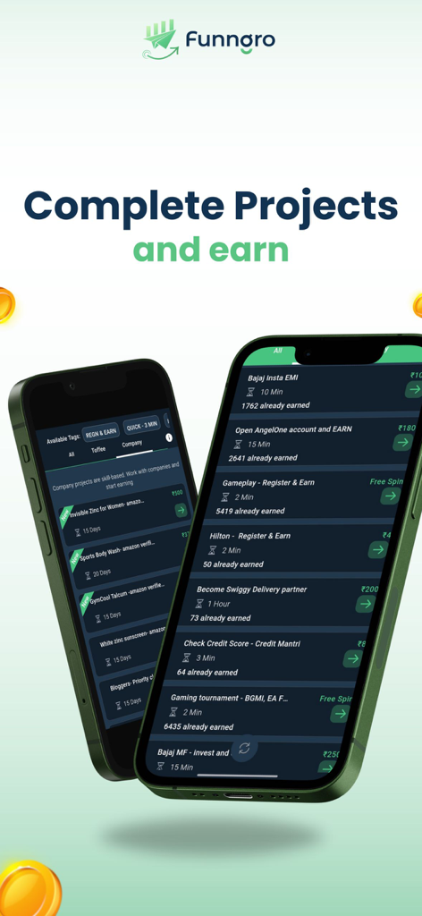 Funngro - Dos smartphones mostrando la interfaz de la aplicación Funngro con una lista de proyectos digitales para que los adolescentes completen y ganen dinero
