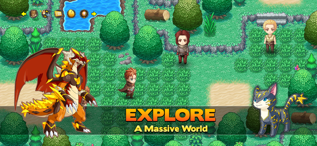 Neo Monsters - Characters and animated monsters exploring a vibrant green RPG world map in Neo Monsters.