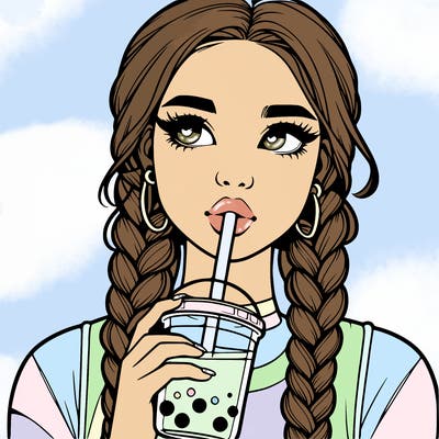 realistic girl with braided hair drinking boba