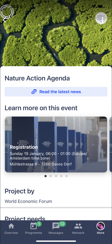 TopLink app interface showing the Nature Action Agenda and World Economic Forum event registration details