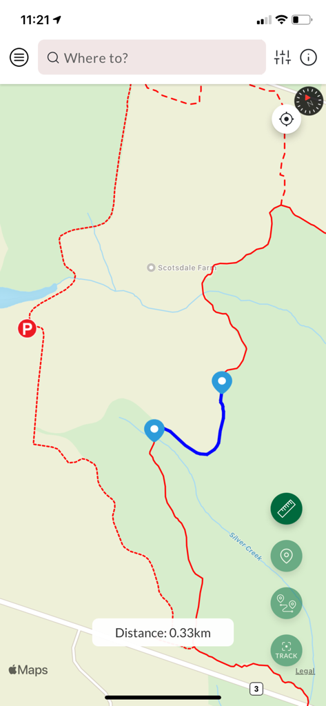 Bruce Trail App - Interfaz del mapa de la aplicación Bruce Trail que muestra una ruta de senderismo planificada con una medición de distancia de cero punto treinta y tres kilómetros