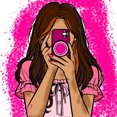 a realistic girl holding her phone taking pictures