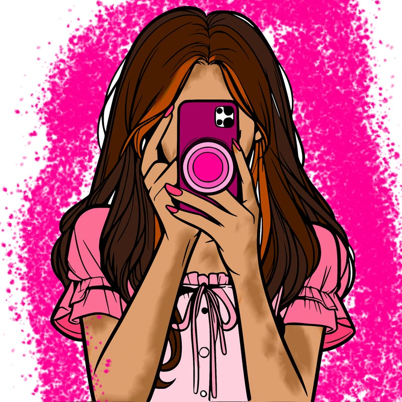a realistic girl holding her phone taking pictures