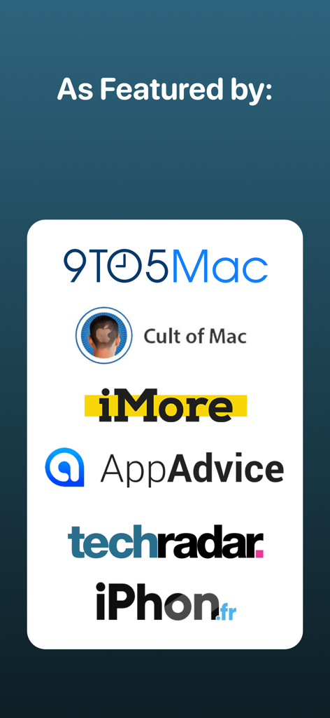 WristBoard - Watch Keyboard - Logotipos de publicaciones tecnológicas que presentaron WristBoard, incluyendo 9to5Mac, Cult of Mac, iMore, AppAdvice y TechRadar.