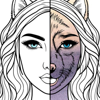 split face realistic woman and wolf
