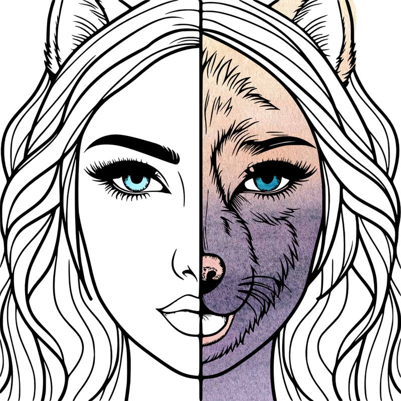 split face realistic woman and wolf