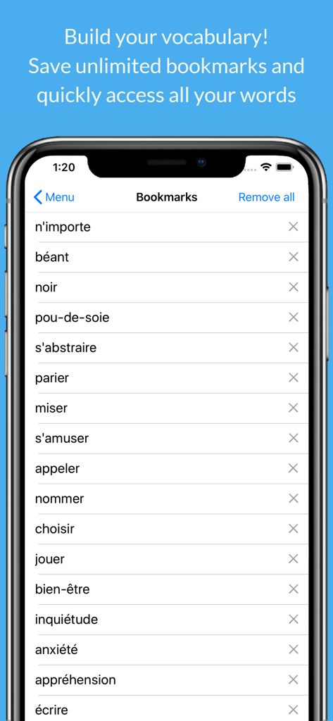 French Dictionary and Thesaurus app bookmarks screen showing a list of saved French vocabulary words.