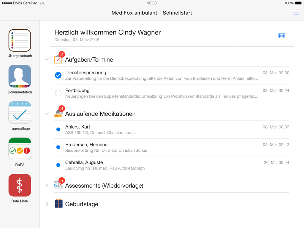 Doku-CarePad - Klinisches Dashboard in der Doku-CarePad-App, das Pflegeaufgaben und Medikamentenlisten für Fachkräfte auf einem iPad anzeigt.