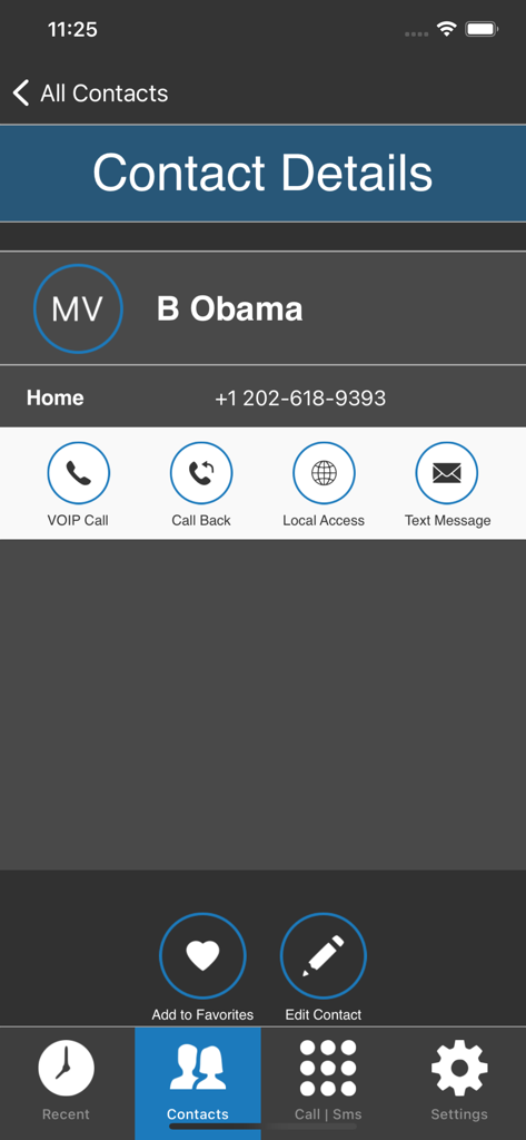 MobileVOIP app contact details screen showing options for VOIP calls, local access, and text messages for a saved contact.