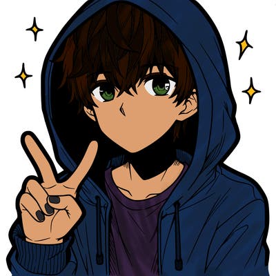 teenage manga boy in a hoodie, doing ✌