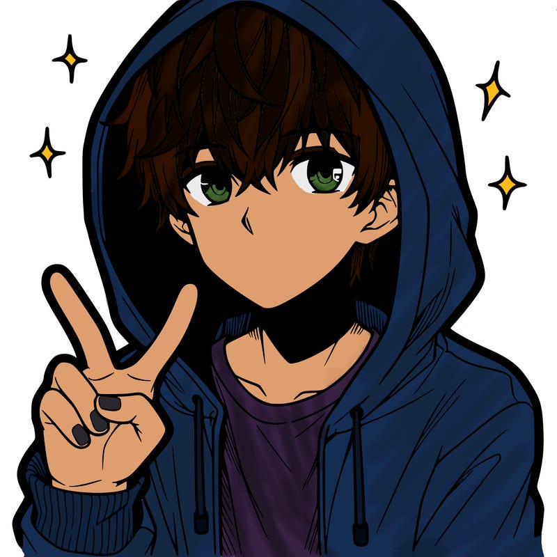 teenage manga boy in a hoodie, doing ✌
