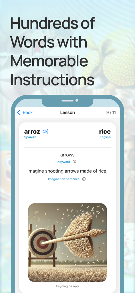Keymagine - A mobile app lesson for the Spanish word arroz showing a visual mnemonic with rice arrows and a target.