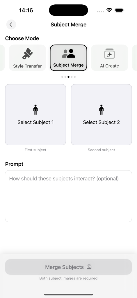 ChatPic – AI Photo Enhancer - Interface of the ChatPic app showing the AI Subject Merge feature where users can select two subjects and enter a prompt to blend them together.