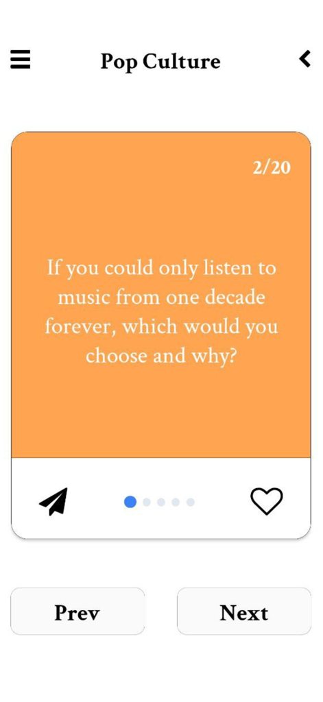 A pop culture conversation starter card in the Cairds app asking about favorite music decades.