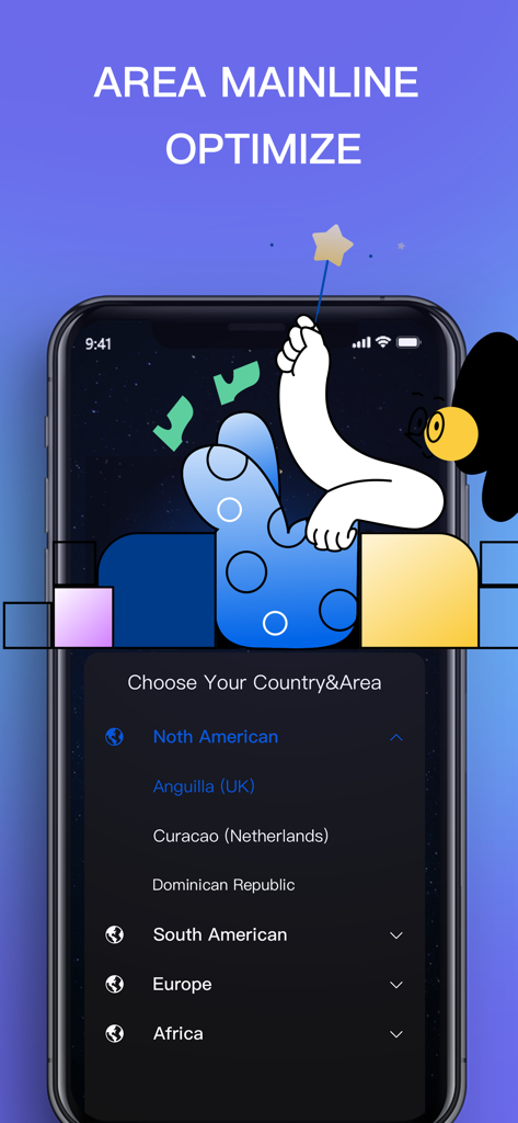 Uno schermo dall'app Uranus NetTest che mostra un elenco di posizioni di server VPN globali categorizzati per regione