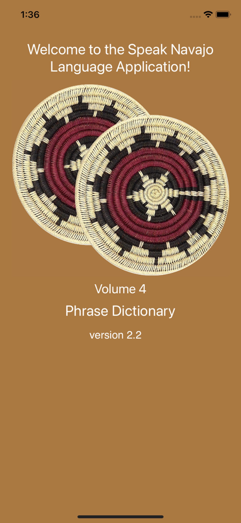 Pantalla de bienvenida de la aplicación Speak Navajo Language mostrando cestas tejidas tradicionales