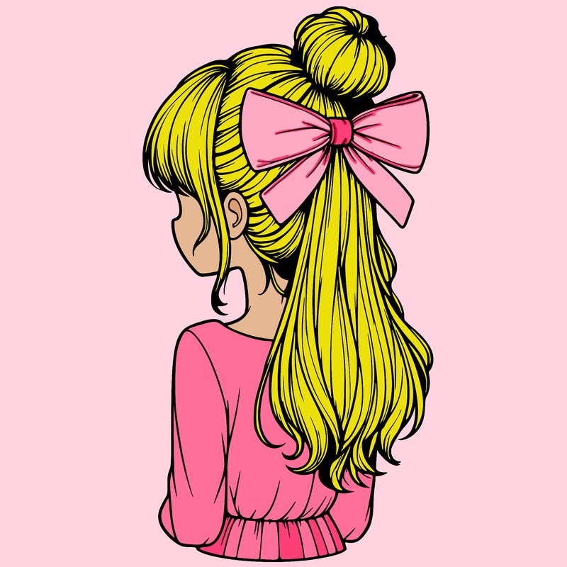 realistic girl  with hip length hair a bun and a big bow on the back of head