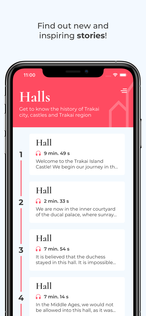 Mobile App-Oberfläche, die eine Liste nummerierter Säle mit Dauer und Beschreibungen der Audioguides für das Trakai-Historische Museum zeigt.