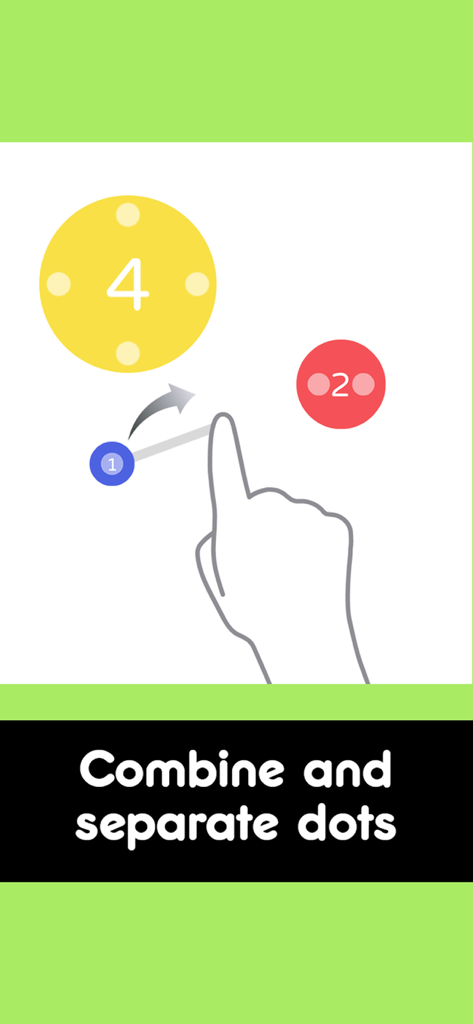Dexteria Dots - Preschool Math - A hand dragging a numbered blue dot towards a yellow dot to demonstrate combining dots in the Dexteria Dots preschool math app.