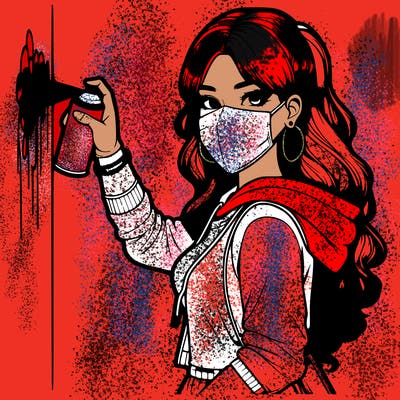 realistic girl with mask spray painting a wall