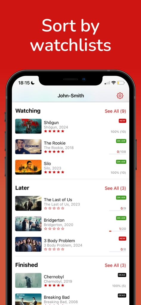 MyShows - Track Shows & Films - Mobile interface of the MyShows app displaying TV show watchlists for tracking progress and upcoming episodes.