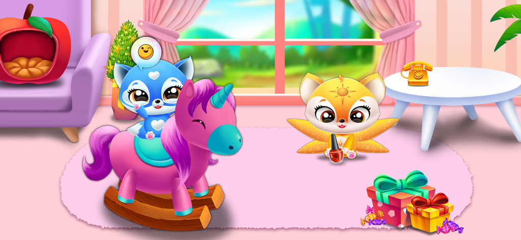 Cute virtual pets playing in a colorful nursery with a pink rocking horse and toys