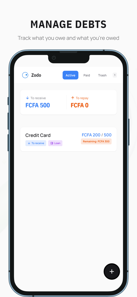 Zodo - Captura de pantalla de la pantalla Gestionar Deudas de la aplicación Zodo en un iPhone, que muestra resúmenes de dinero a recibir y pagar.