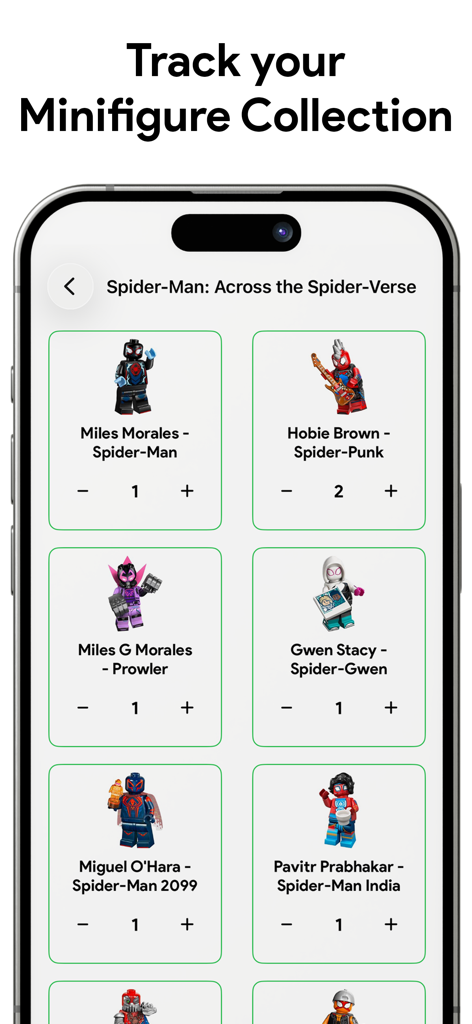 BrickHub app screen showing a tracked collection of Spider Man Lego minifigures