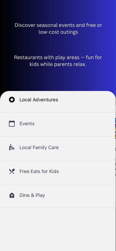 Brevard Kid app menu with options for local adventures, events, family care, and kids eat free listings