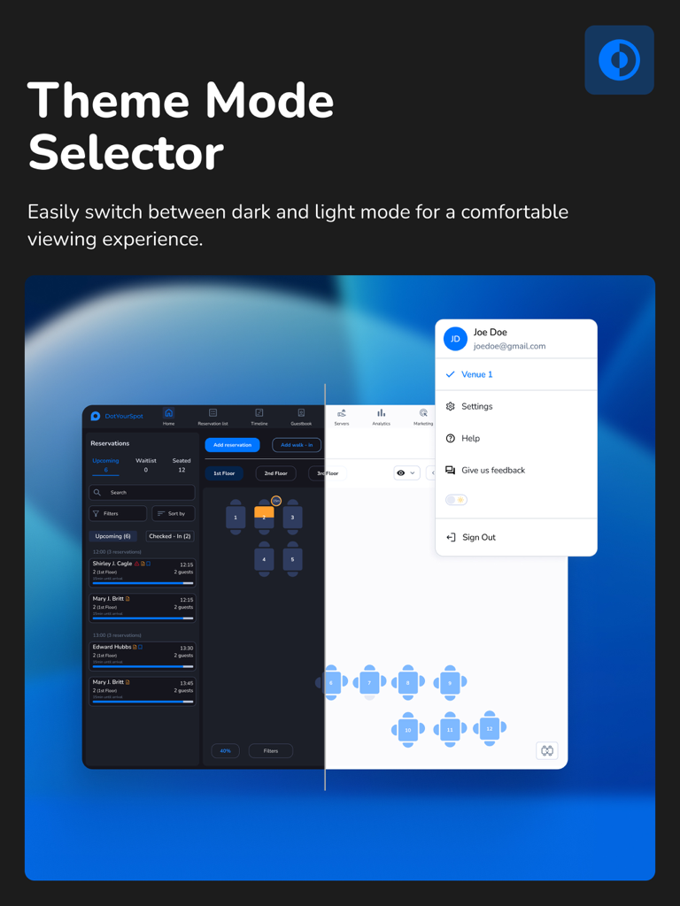 dotyourspot business | tablet - iPad上のdotyourspot businessアプリのライトモードとダークモードのサイドバイサイド比較