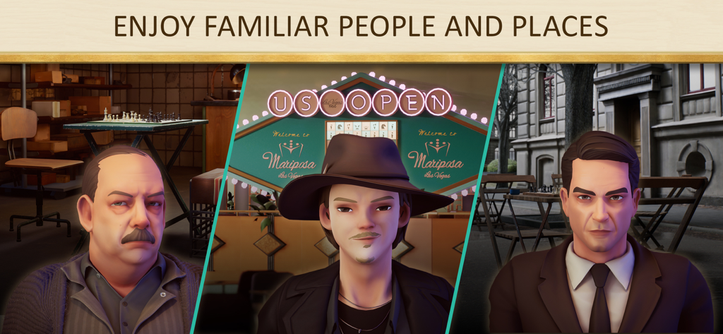 Tres personajes icónicos de la serie de Netflix The Queen's Gambit renderizados en 3D dentro de la aplicación del juego de ajedrez.