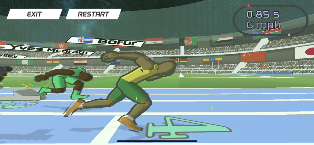 観客でいっぱいのスタジアムで100mダッシュのスタートラインに立つスプリンターを表示するSpeed Starsのゲームプレイ画面