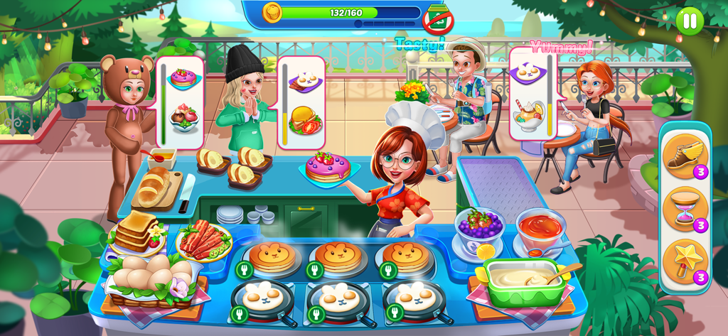 Cooking Journey: Cooking Games - Chef donna che serve ai clienti pancake a forma di orso e piatti per la colazione nel gioco mobile Cooking Journey